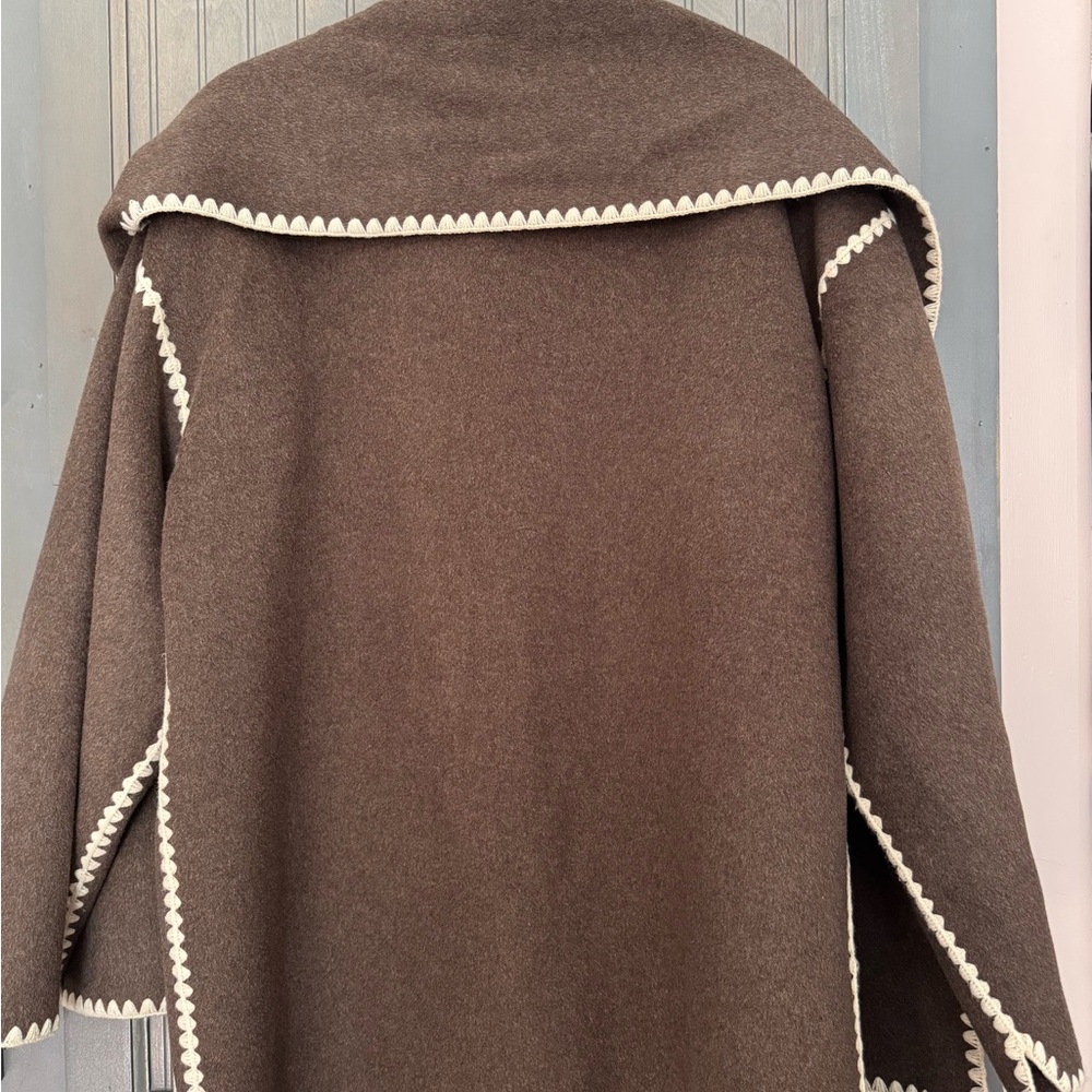 Quince Brown (Cocoa Melange) Double Faced Merino Wool Scarf Coat Jacket, Size L - Picture 3 of 4